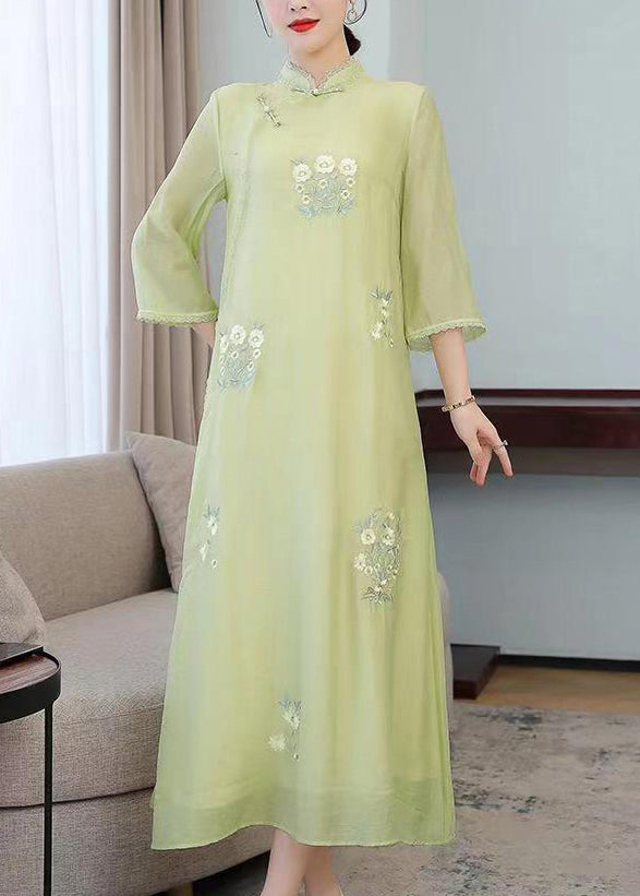 Light Green Stand Collar Embroidered Silk Long Dresses Half Sleeve