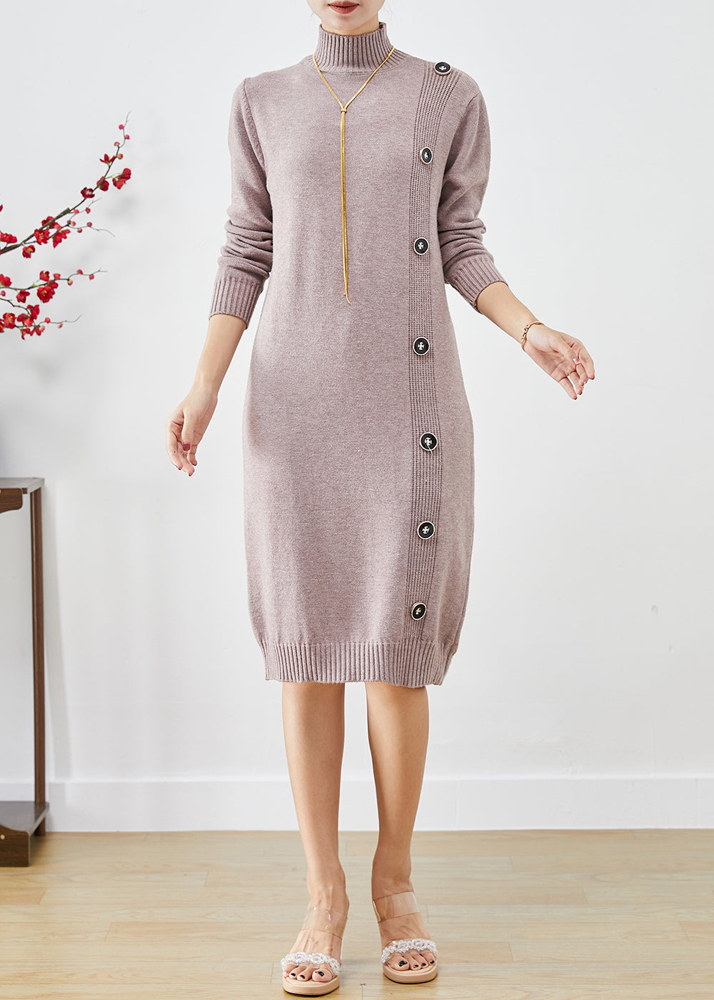 Light Purple High Neck Button Knit Sweater Dress Fall