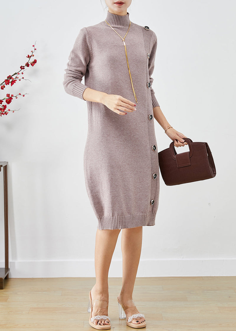 Light Purple High Neck Button Knit Sweater Dress Fall