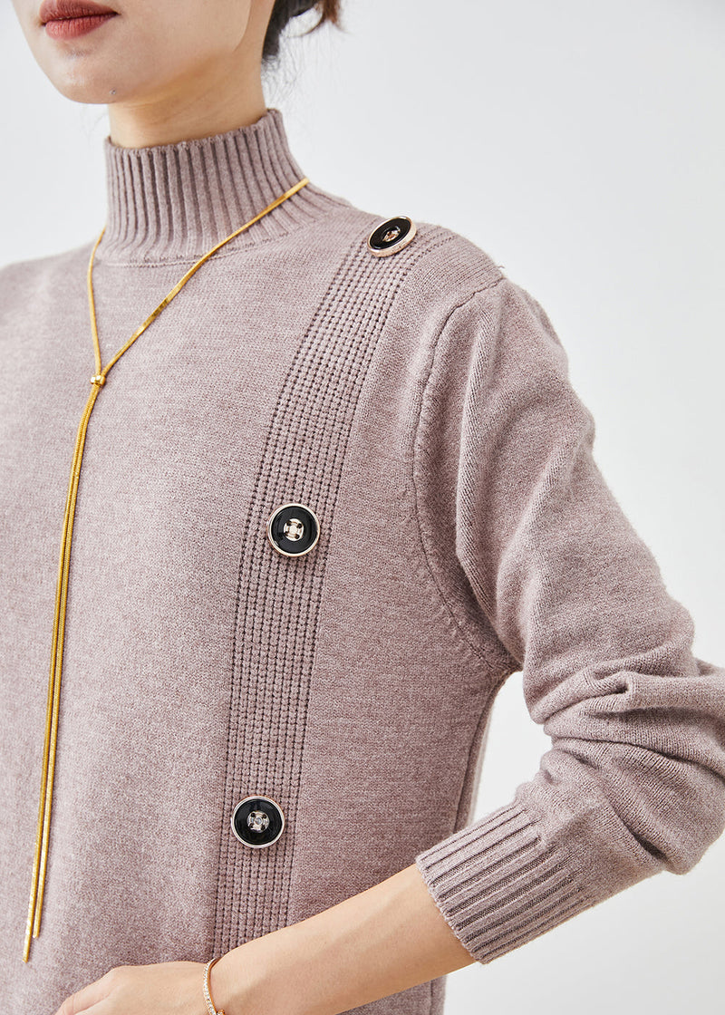 Light Purple High Neck Button Knit Sweater Dress Fall