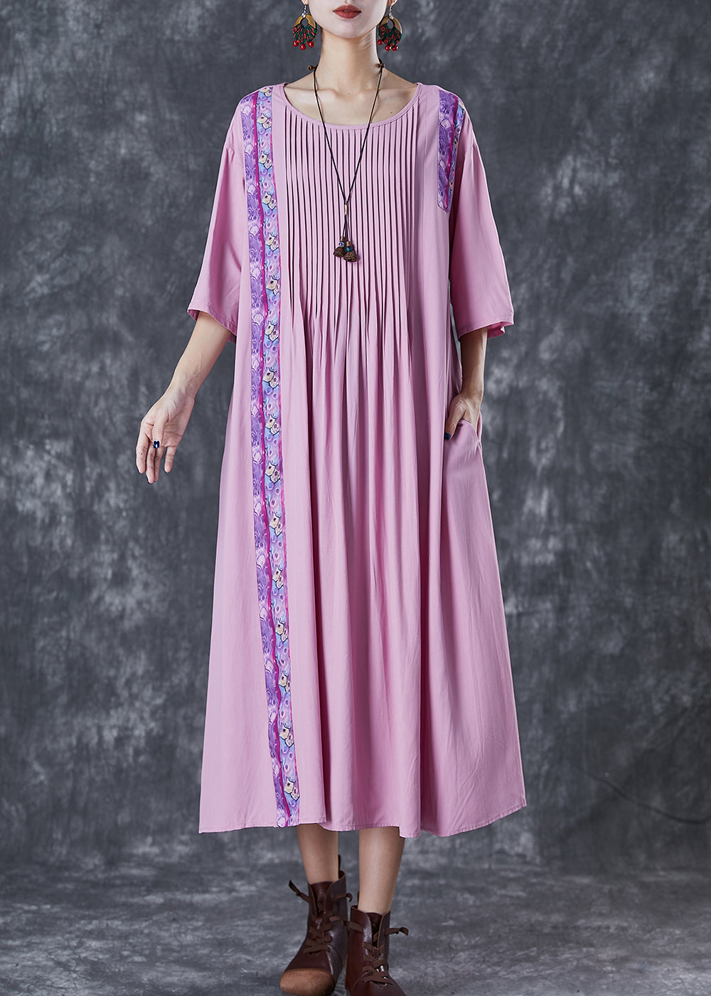 Light Purple Oversized Patchwork Wrinkled Linen Dress Half Sleeve
