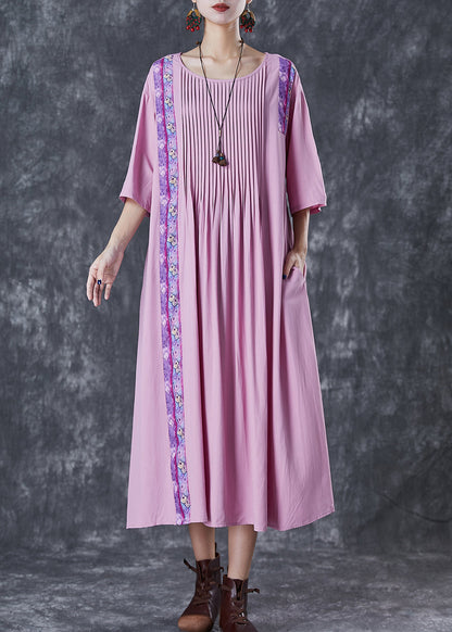 Light Purple Oversized Patchwork Wrinkled Linen Dress Half Sleeve