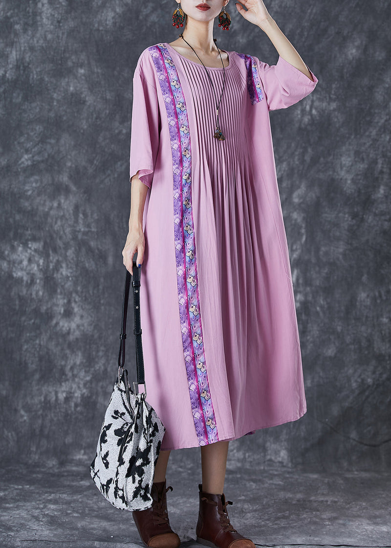 Light Purple Oversized Patchwork Wrinkled Linen Dress Half Sleeve