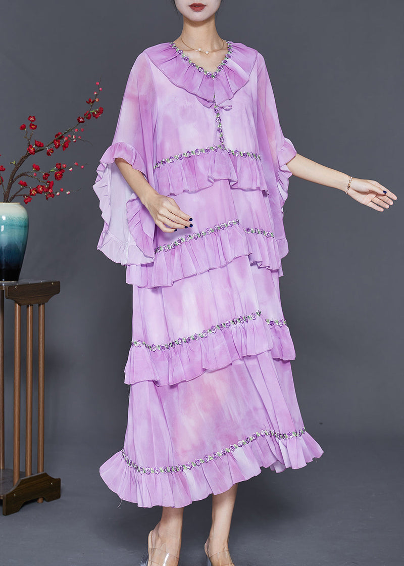 Light Purple Ruffled Tie Dye Chiffon Maxi Dresses Summer