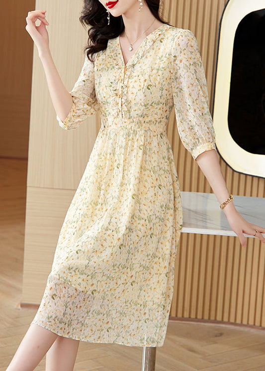 Light Yellow V Neck Print Chiffon Dresses Summer