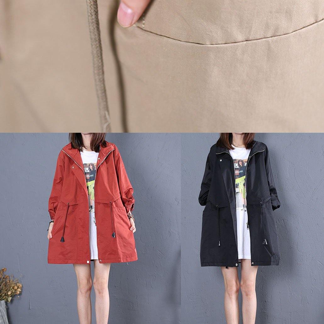 Loose Fitting Medium Length Jackets Fall Khaki Drawstring Coats