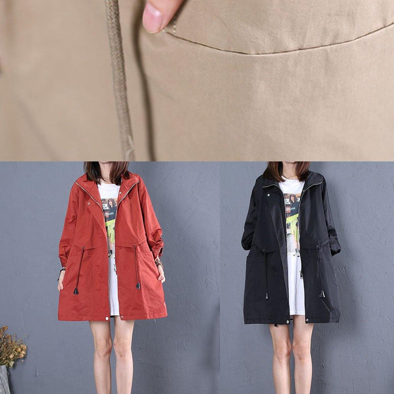 Loose Fitting Medium Length Jackets Fall Khaki Drawstring Coats
