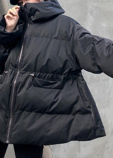 Loose Fitting Winter Jacket Drawstring Coats Black Hooded Parka