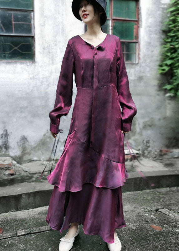 Maroon Asymmetrical Design Patchwork Ruffles Chiffon Dress Long Sleeve