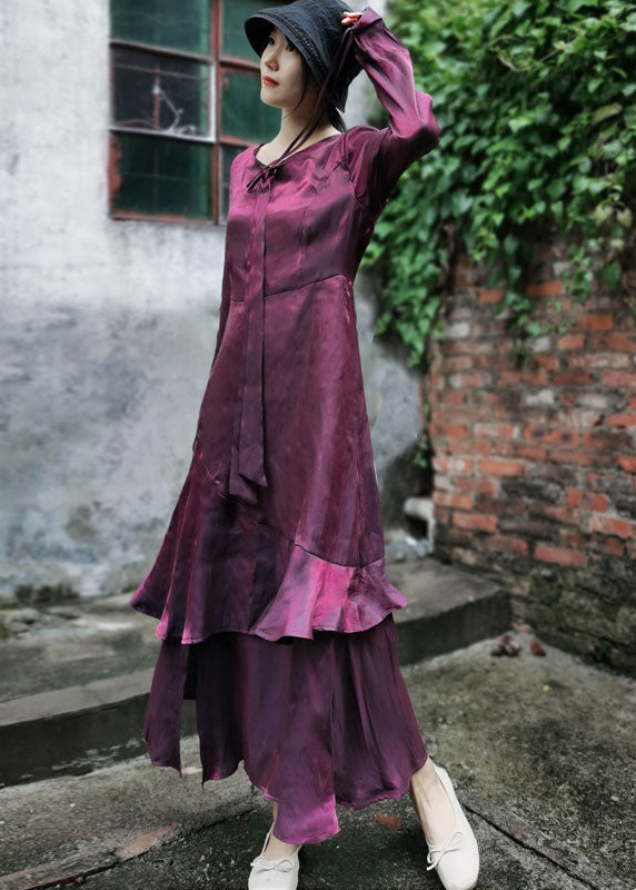 Maroon Asymmetrical Design Patchwork Ruffles Chiffon Dress Long Sleeve