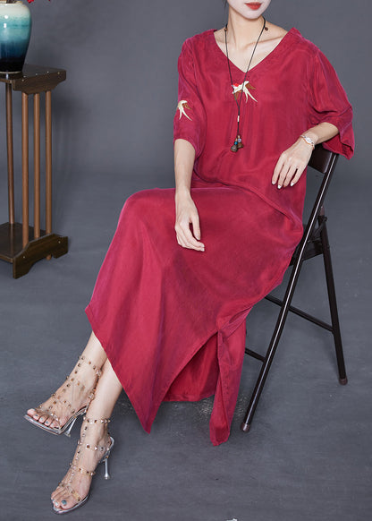 Mulberry Embroideried Side Open Silk Maxi Dresses Summer