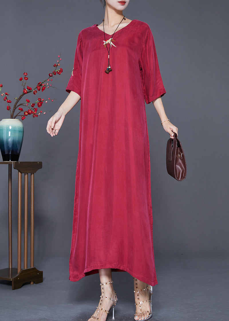 Mulberry Embroideried Side Open Silk Maxi Dresses Summer