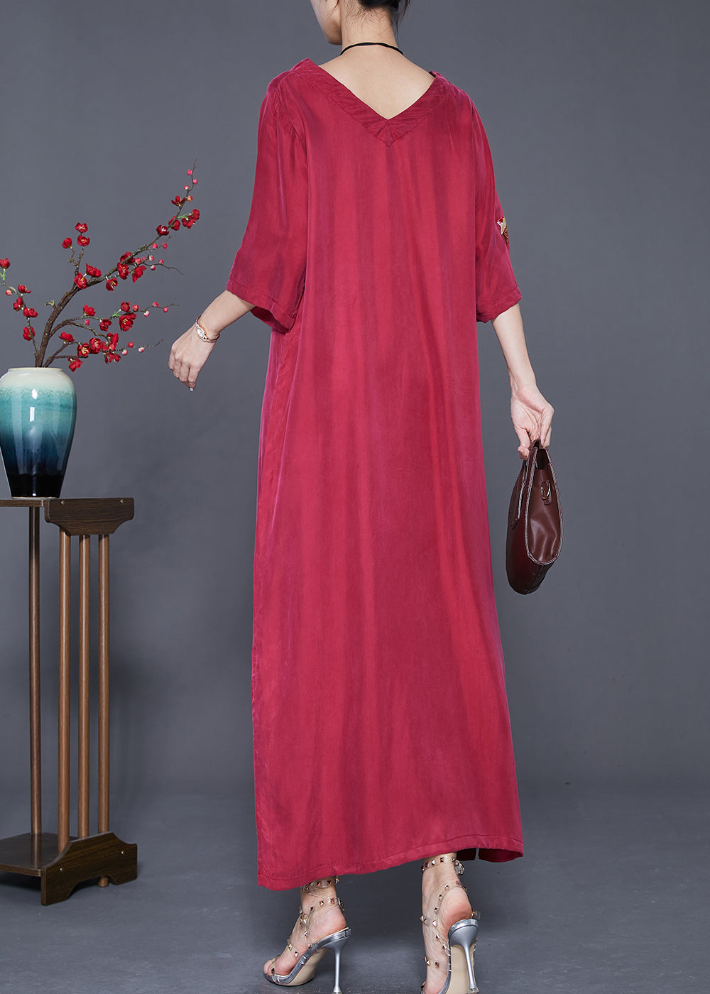 Mulberry Embroideried Side Open Silk Maxi Dresses Summer