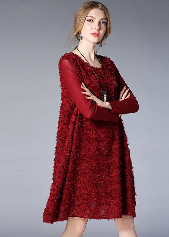 Mulberry O-neck Jacquard Chiffon Vacation Dresses Long Sleeve