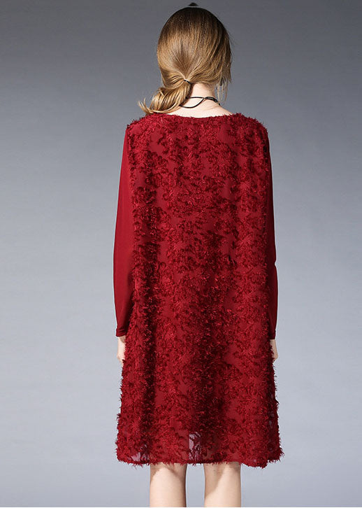 Mulberry O-neck Jacquard Chiffon Vacation Dresses Long Sleeve