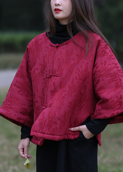Mulberry O-neck Print Button Warm Fleece Cotton Parka Winter
