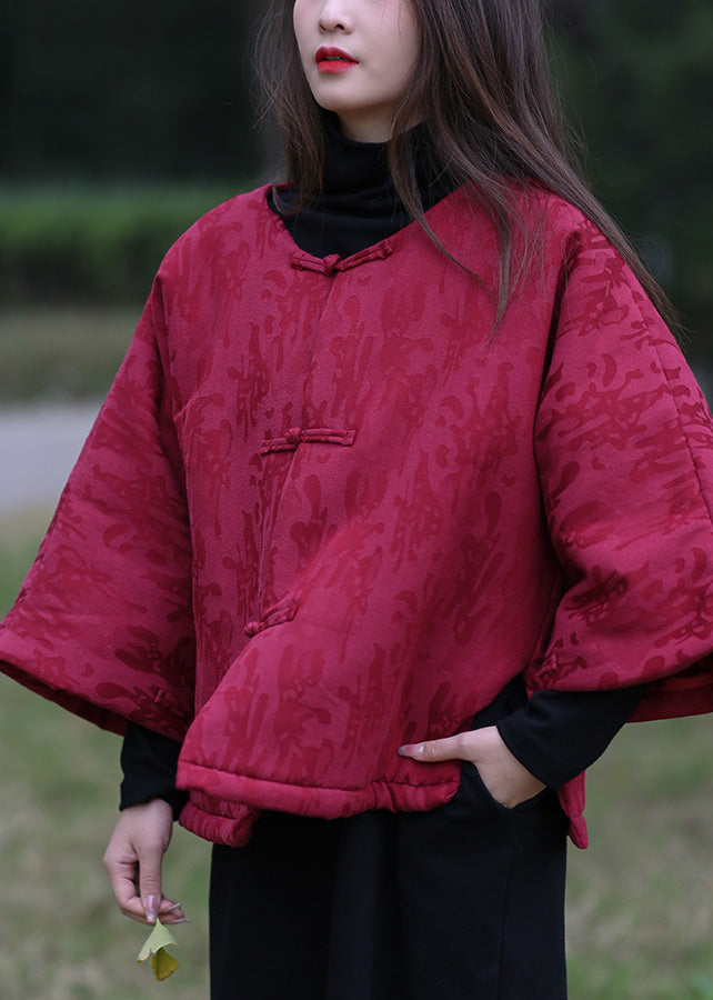 Mulberry O-neck Print Button Warm Fleece Cotton Parka Winter