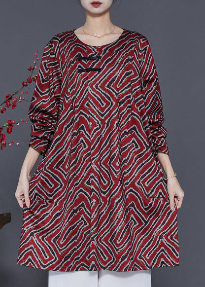 Mulberry Print Chinese Button Cotton Mid Dress Spring