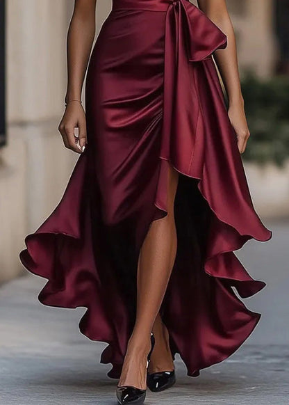 Mulberry Ruffled Asymmetrical Design Silk Dresses Summer