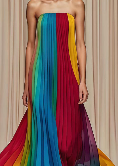 Multicolor Cold Shoulder Wrinkled Chiffon Strapless Dress Summer