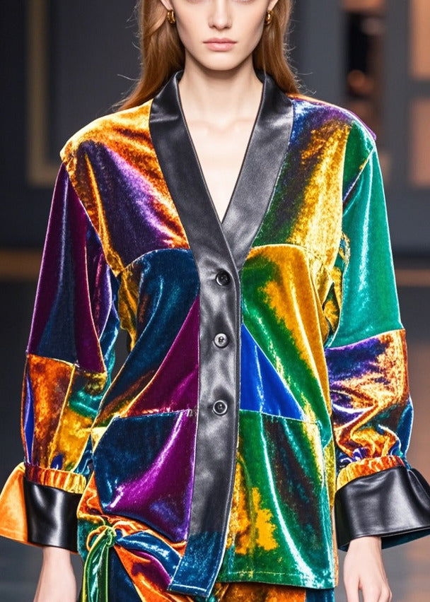 Multicolou V Neck Patchwork Silk Velour Coats Spring