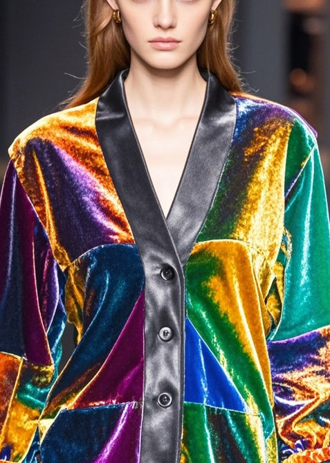 Multicolou V Neck Patchwork Silk Velour Coats Spring