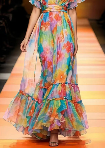 Multicolour Cinched Print Chiffon Vacation Dresses Summer