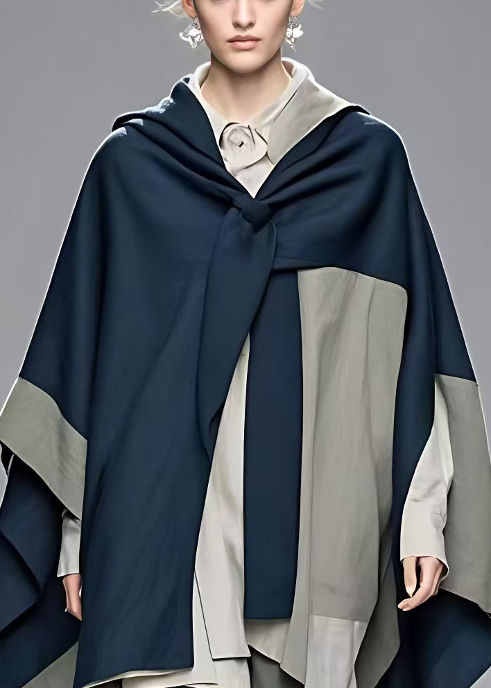 Navy Asymmetrical Patchwork Cotton Coat Fall