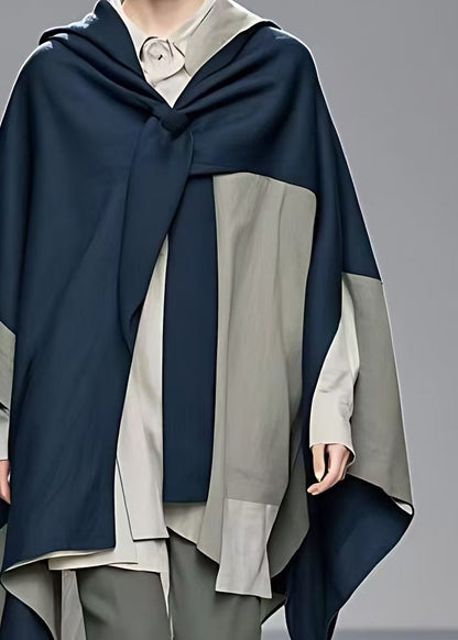 Navy Asymmetrical Patchwork Cotton Coat Fall