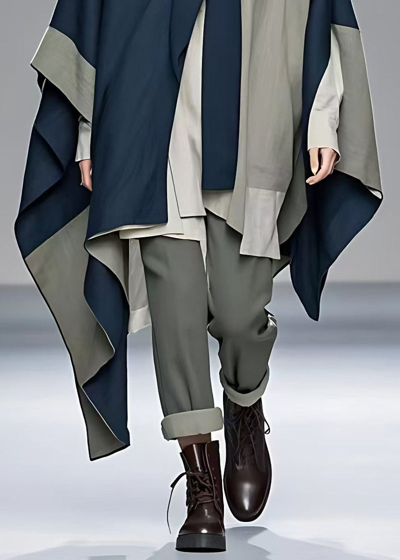 Navy Asymmetrical Patchwork Cotton Coat Fall