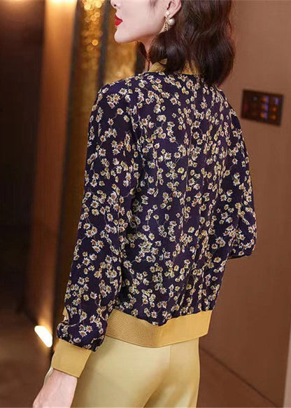 Navy Blue Print Zippere Chiffon Sunscreen Coat Long Sleeve