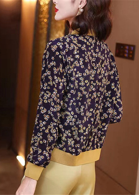 Navy Blue Print Zippere Chiffon Sunscreen Coat Long Sleeve