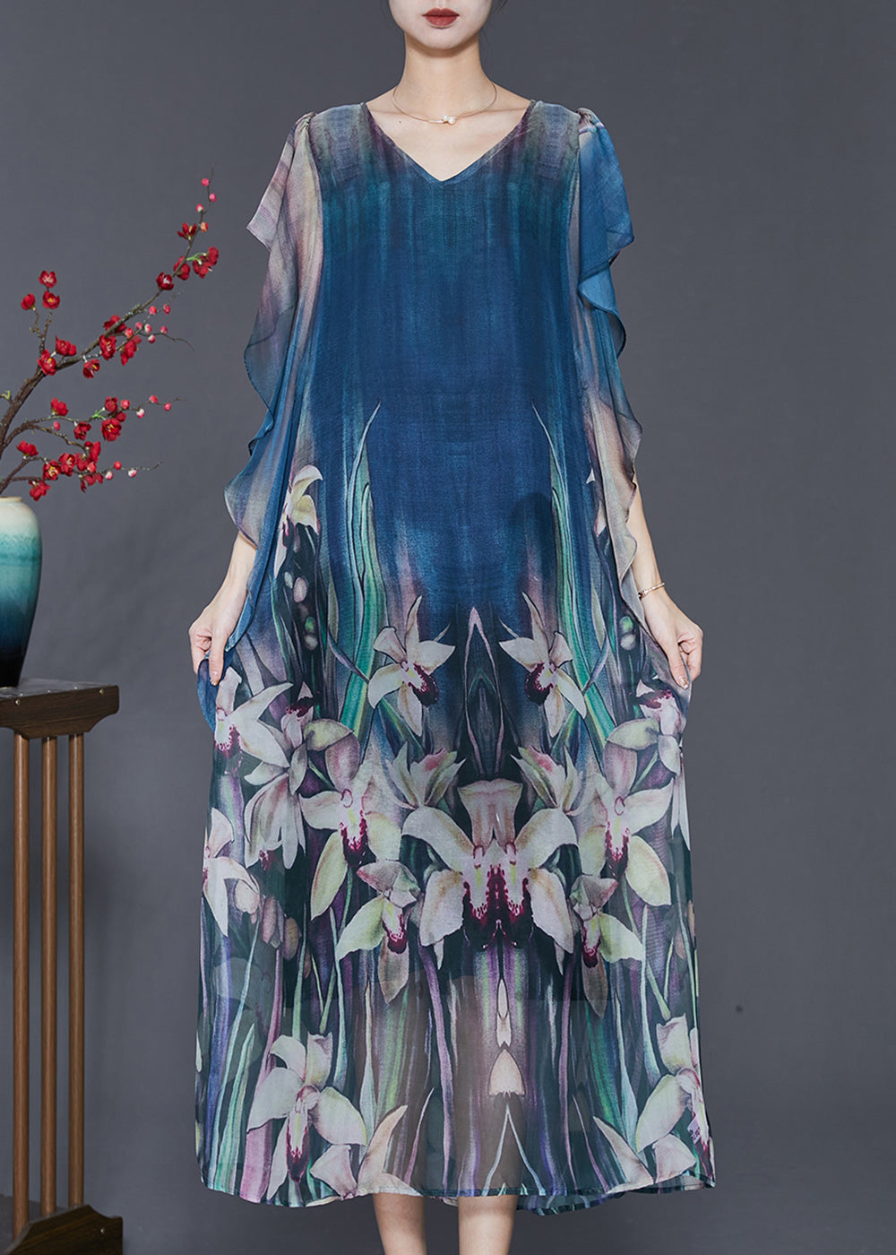 Navy Print Silk Holiday Dress Butterfly Sleeve