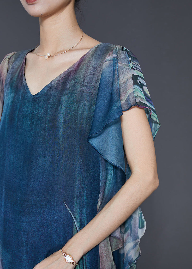 Navy Print Silk Holiday Dress Butterfly Sleeve
