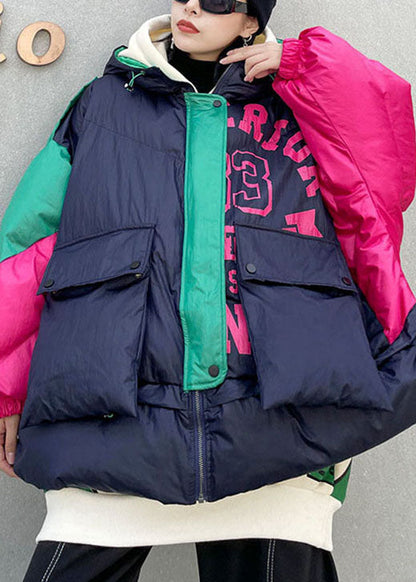 Navy Pockets Patchwork Thick Winter Cotton Puffer Jacket