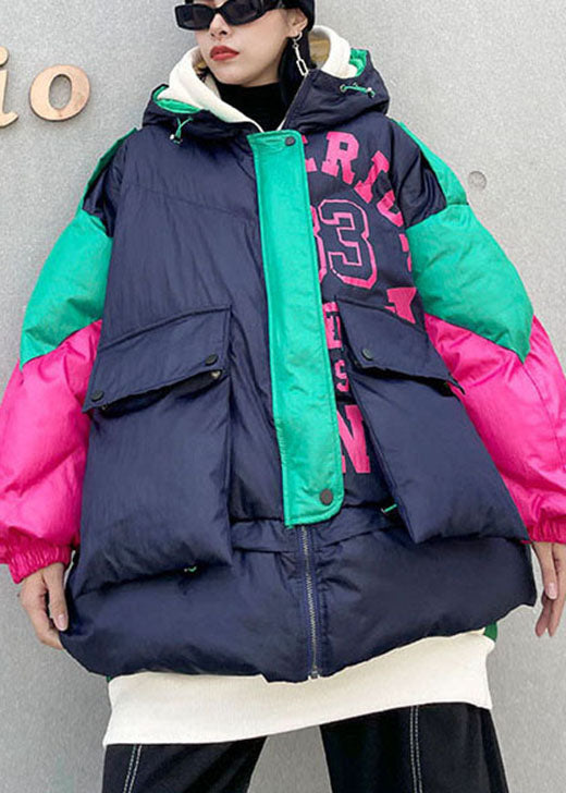 Navy Pockets Patchwork Thick Winter Cotton Puffer Jacket