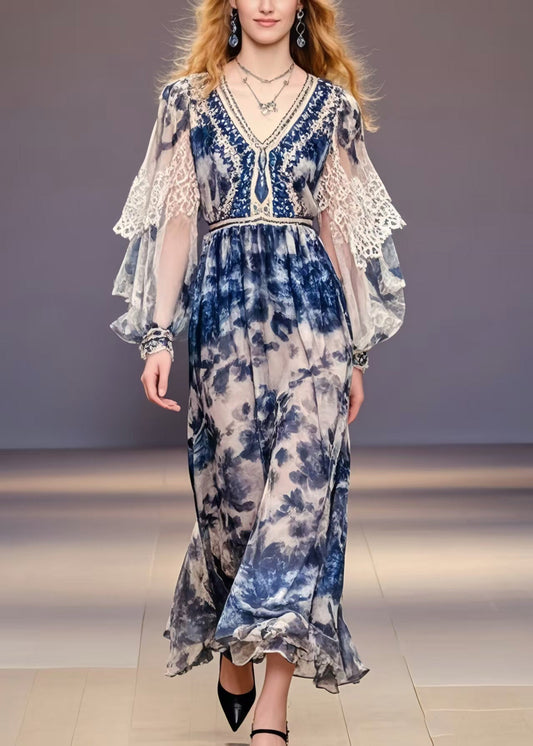 Navy Print Chiffon Party Dress Lantern Sleeve
