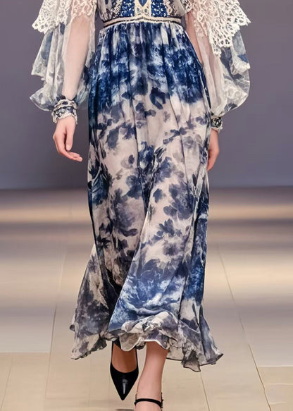 Navy Print Chiffon Party Dress Lantern Sleeve