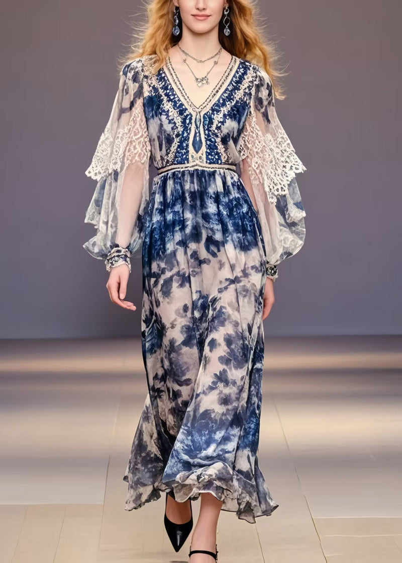 Navy Print Chiffon Party Dress Lantern Sleeve