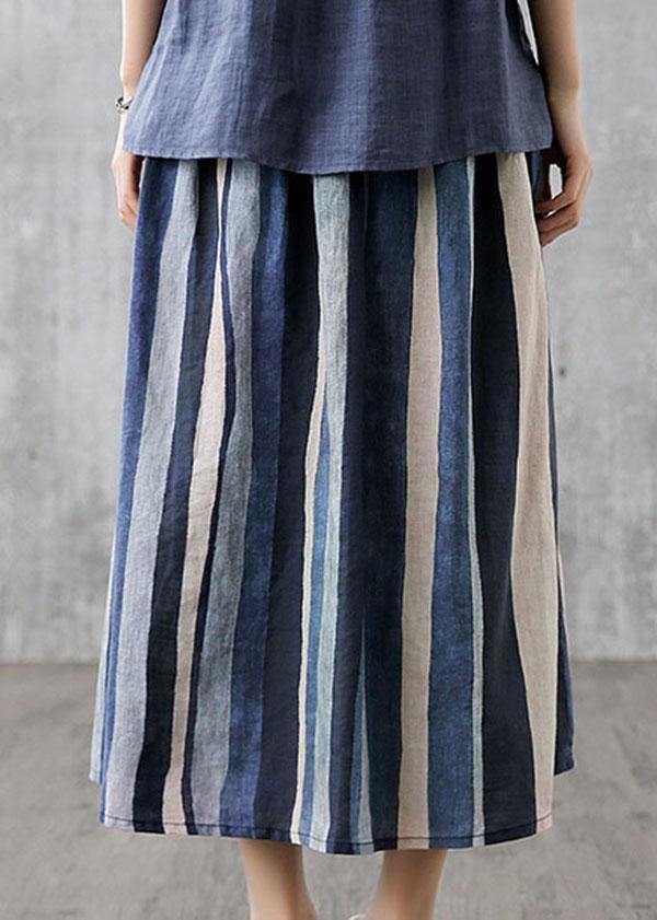 White Flowers Retro Striped a Line Summer Skirts Linen