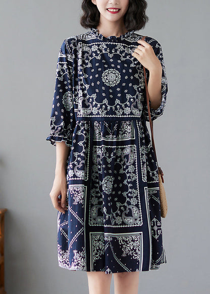 Navy Ruffled Print Linen Dresses Half Sleeve