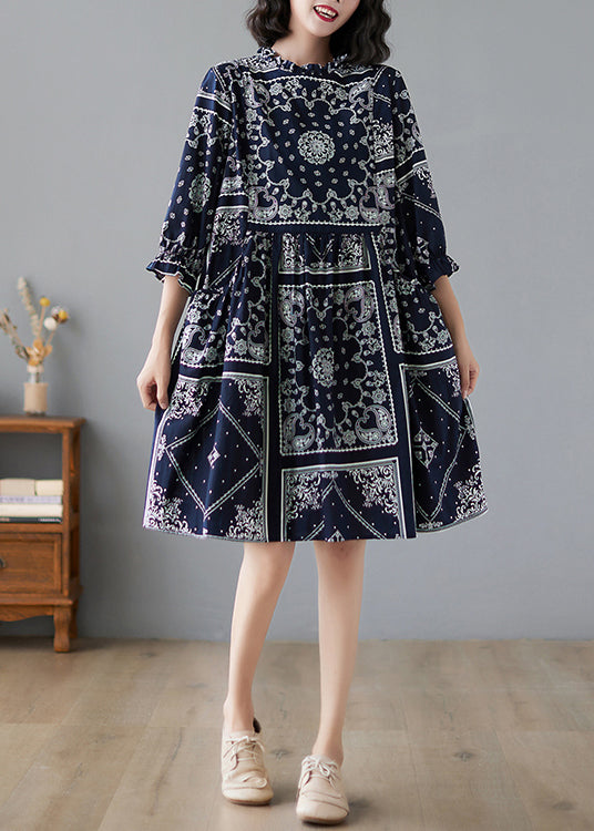 Navy Ruffled Print Linen Dresses Half Sleeve