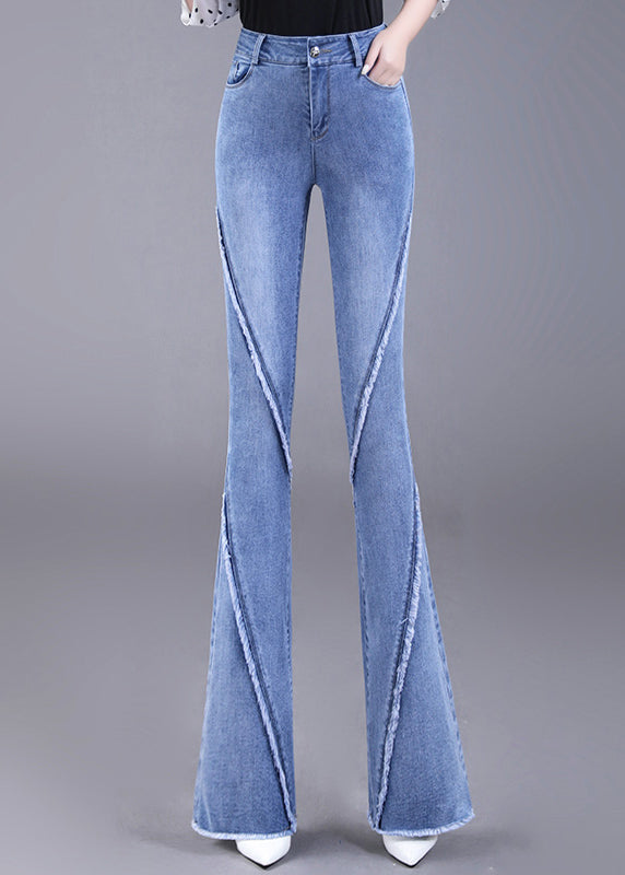 Navy Tassel Pockets Patchwork Denim Flared Trousers Spring