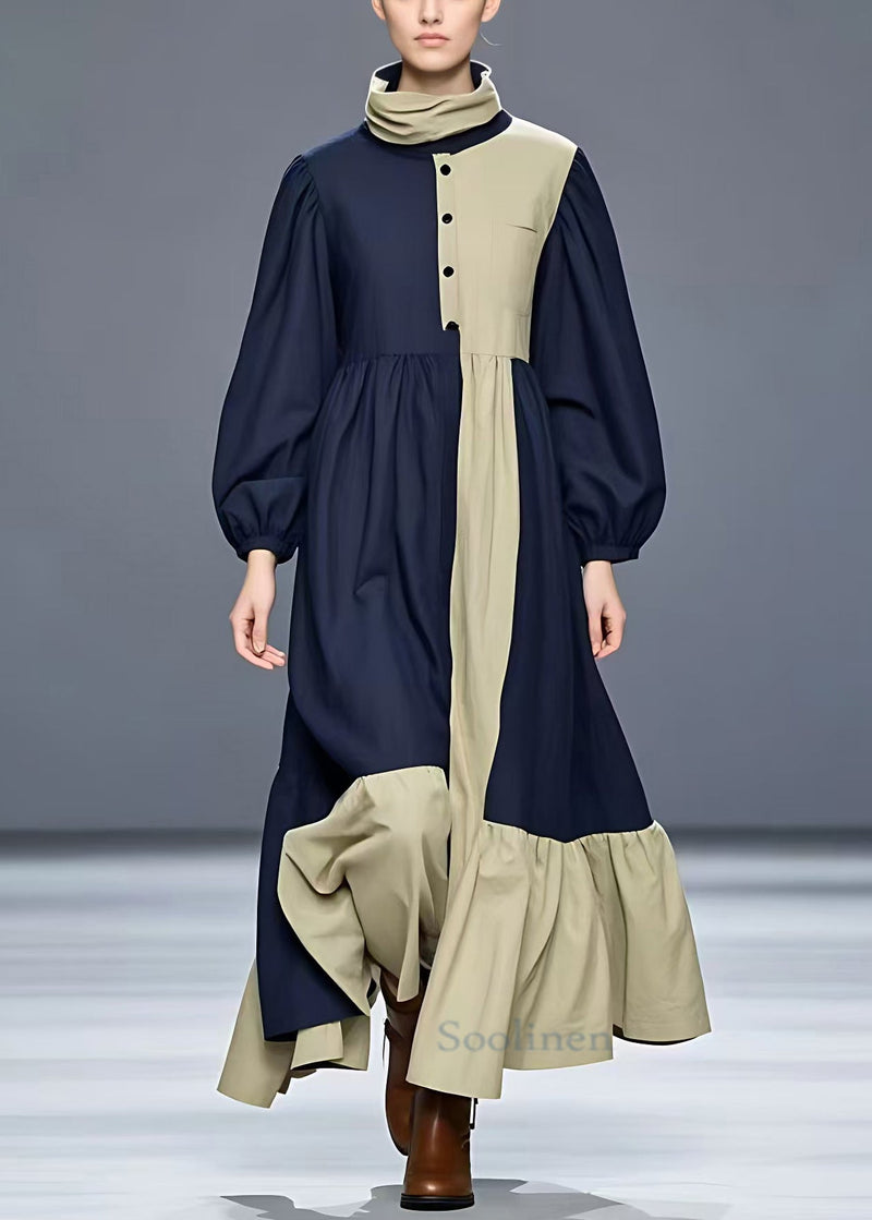 Navy Turtleneck Patchwork Cotton Maxi Dress Long Sleeve