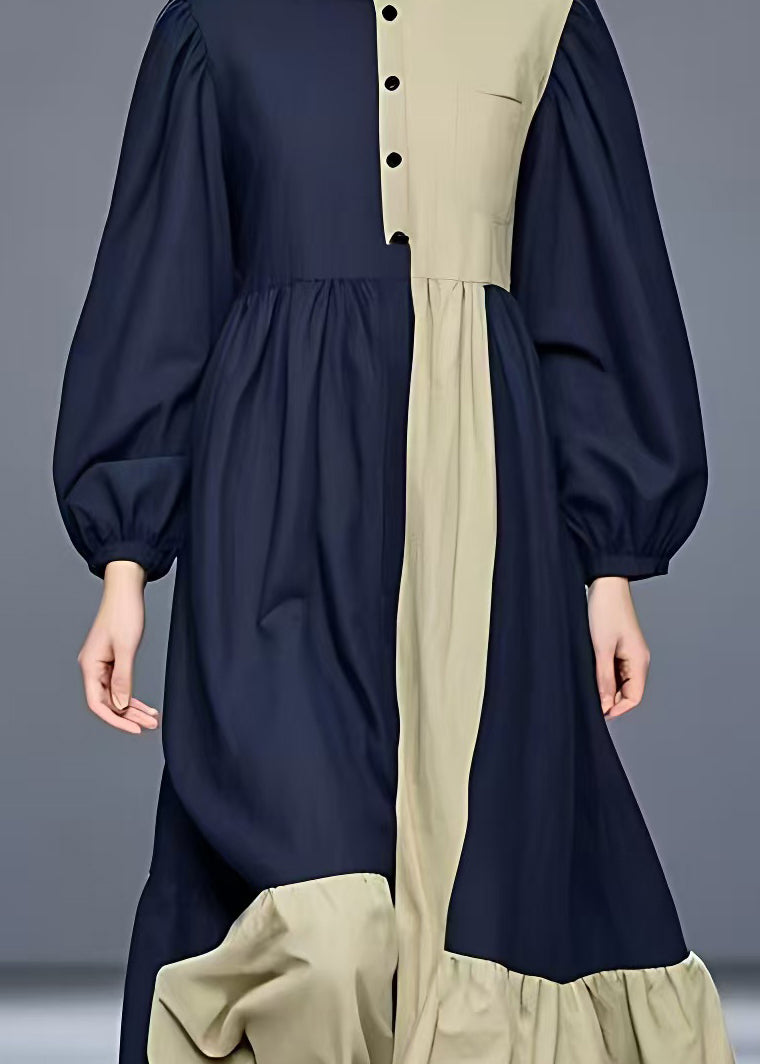 Navy Turtleneck Patchwork Cotton Maxi Dress Long Sleeve