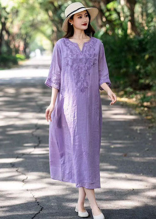 Navy V Neck Embroideried Patchwork Linen Dresses Summer