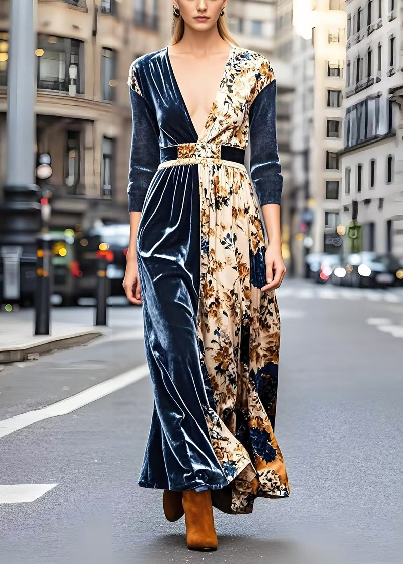 Navy V Neck Patchwork Print Silk Velvet Dresses Spring