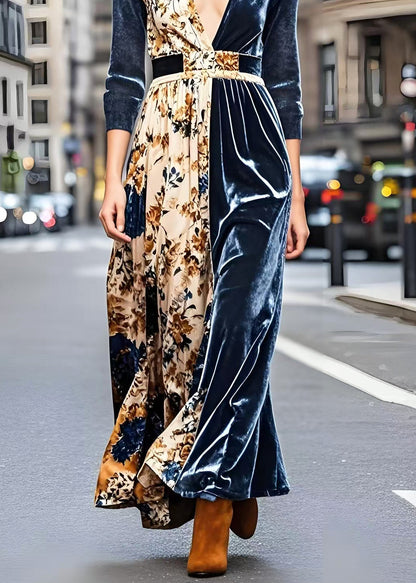 Navy V Neck Patchwork Print Silk Velvet Dresses Spring