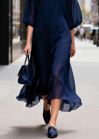 Navy V Neck Print Chiffon Long Dress Summer