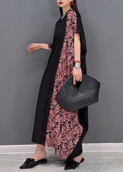 O-neck Asymmetrical Print Patchwork Pockets Dresses Short Sleeve